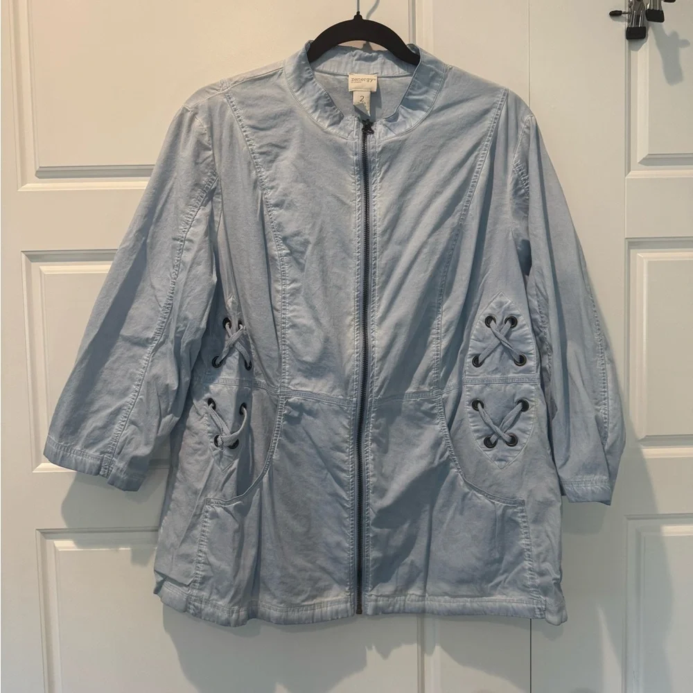 Zenergy by Chico's Garment-dyed lace-up jacket 3/4 Sleeve Sky Blue Size 2